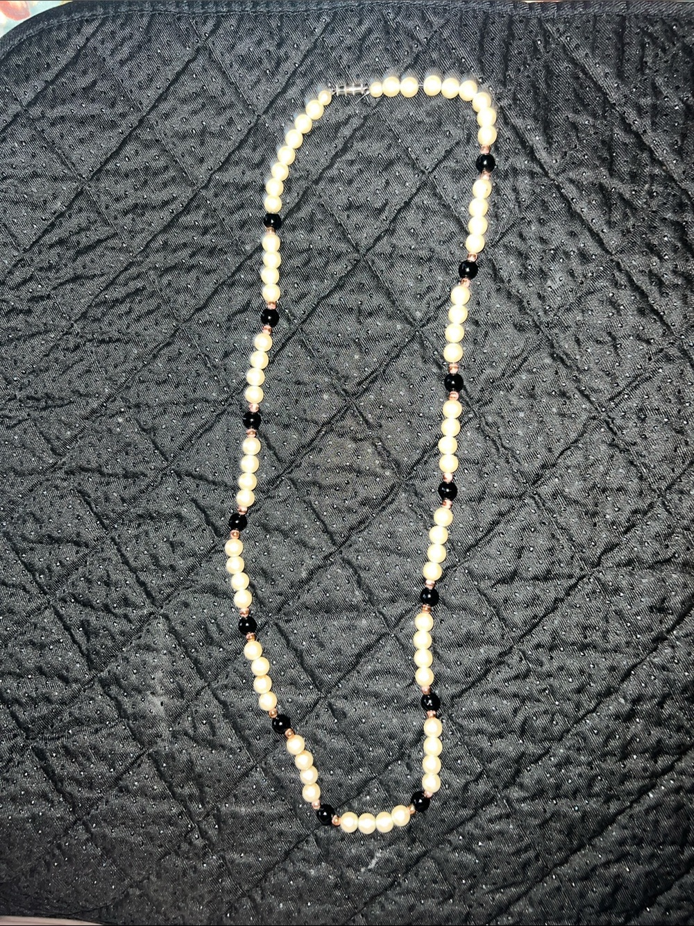 Vintage White Pearl Bead Necklace with Black Onyx Style Accents